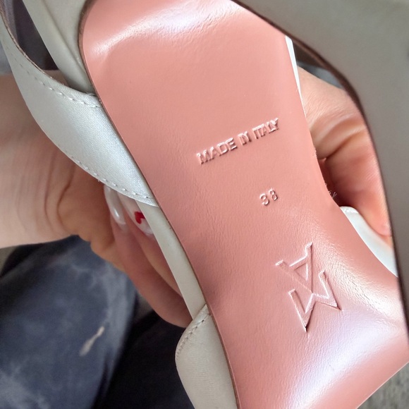 Amina Muaddi White Satin Heels with Crystal Bow - Picture 6 of 6